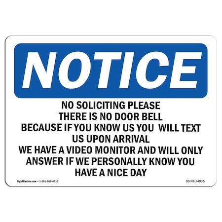 Signmission Sign, 7" H, 10" W, Plast, No Soliciting Please There Is No Door Bell Sign, Lndscp, L-14835 OS-NS-P-710-L-14835